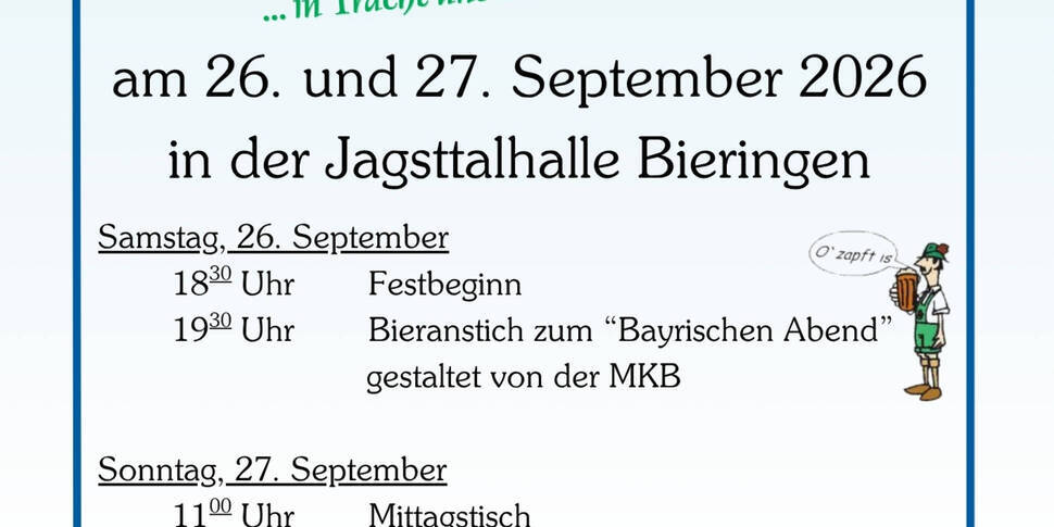 Herbstfest 2026 der Musikkapelle Bieringen am 26. und 27. September in der Jagsttalhalle Bieringen